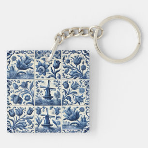 Elegant Blue and White Delft Tile Key Ring