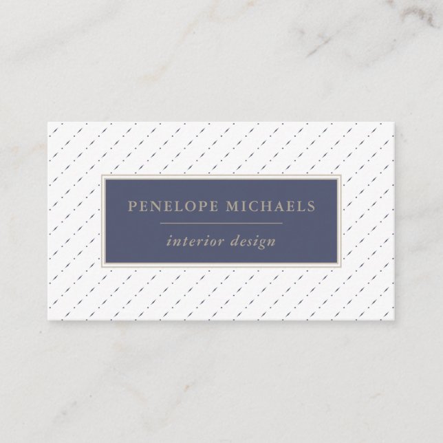 Elegant Blue and White Dots and Dashes Business Card (Front)
