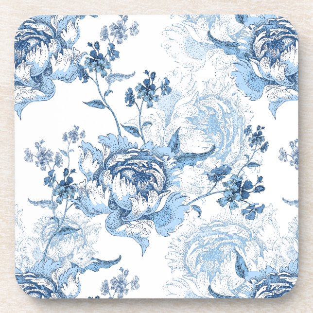 Elegant Blue and White Engraved Peonies Coaster (Front)