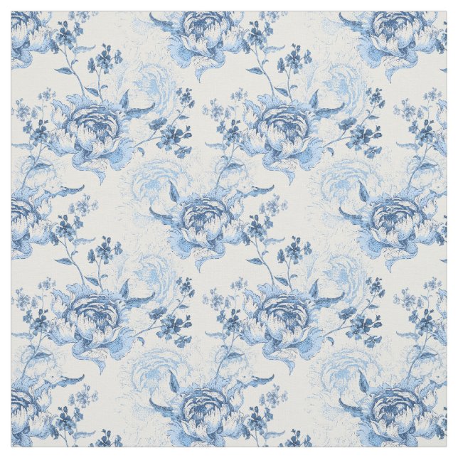 Elegant Blue and White Engraved Peonies Fabric (Swatch)