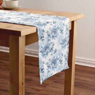 Elegant Blue and White Engraved Peonies Long Table Runner