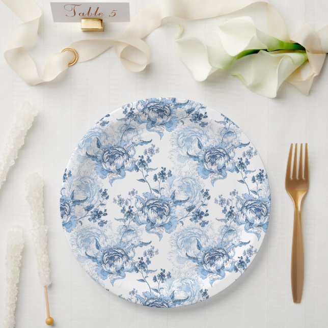 Elegant Blue and White Engraved Peonies Paper Plate (Wedding)