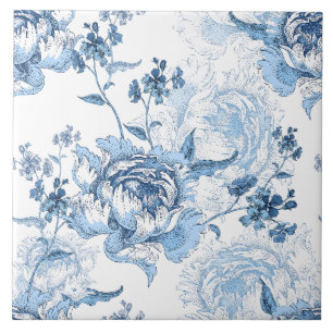 Elegant Blue and White Engraved Peonies Tile