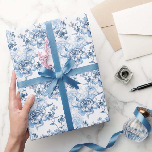 Elegant Blue and White Engraved Peonies Wrapping Paper (Gifting)