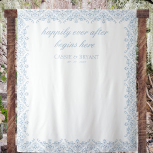 Elegant Blue and White Fairytale Wedding Backdrop Tapestry