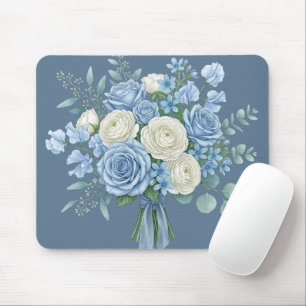 Elegant Blue and White Floral Bouquet Watercolor B Mouse Mat