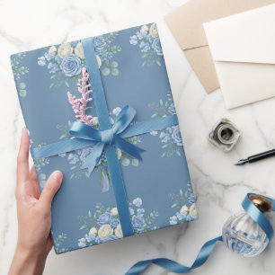 Elegant Blue and White Floral Bouquet Watercolor B Wrapping Paper