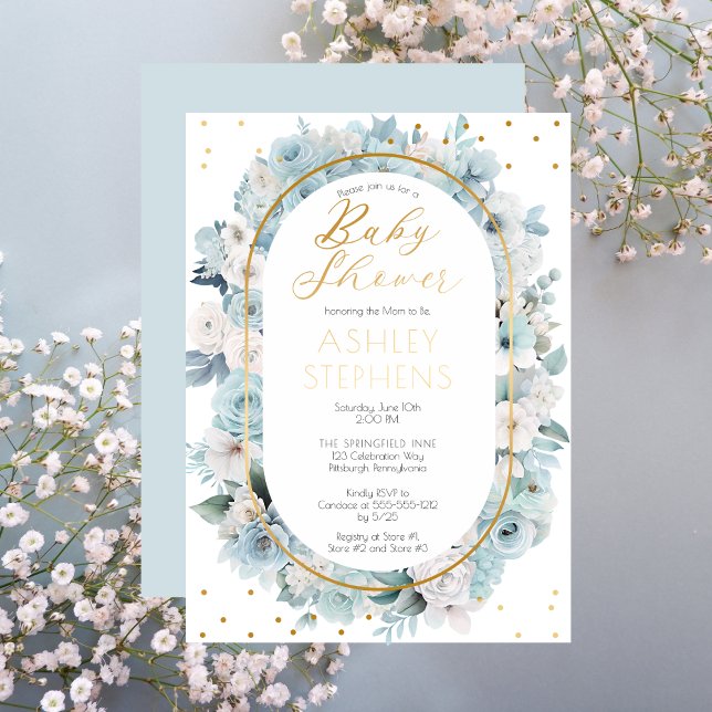 Elegant Blue and White Floral Boy Baby Shower  (Elegant Blue and White Floral Gold Foil Boy Baby Shower Invitation)