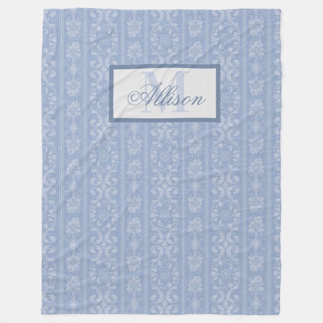 Elegant Blue and White Floral Damask Monogrammed Fleece Blanket (Front)