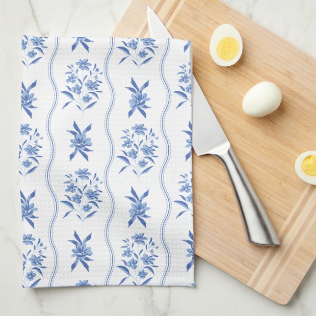 Elegant Blue and White Floral Kitchen Towel (Quarter Fold)