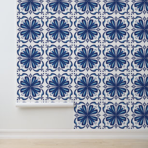 Elegant Blue and White Floral Mediterranean Tile Wallpaper