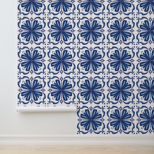 Elegant Blue and White Floral Mediterranean Tile  Wallpaper (Application)