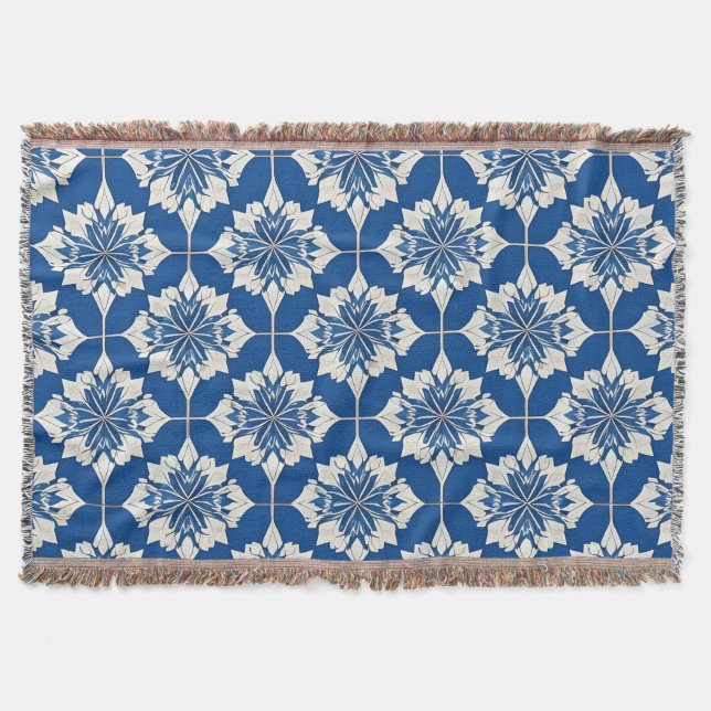 Elegant Blue and White Floral Pattern Throw Blanket (Front)
