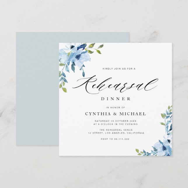 elegant blue and white floral rehearsal dinner  invitation (Front/Back)