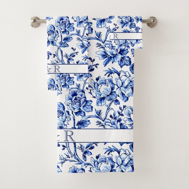 Elegant Blue and White Floral Toile Monogram Bath Towel Set (Insitu)
