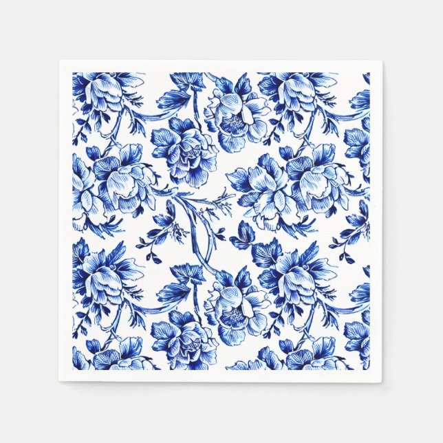 Elegant Blue and White Floral Toile Napkin (Front)