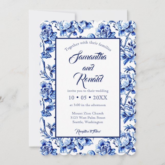 Elegant Blue and White Floral Toile Wedding Invitation (Front)