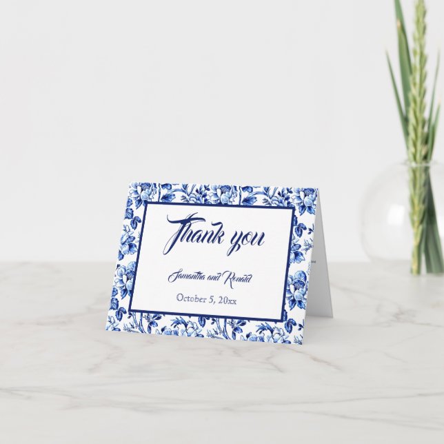 Elegant Blue and White Floral Toile Wedding Thank You Card (Front)