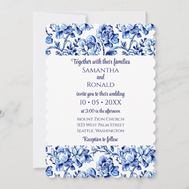 Elegant Blue and White Floral Wedding Invitation (Front)