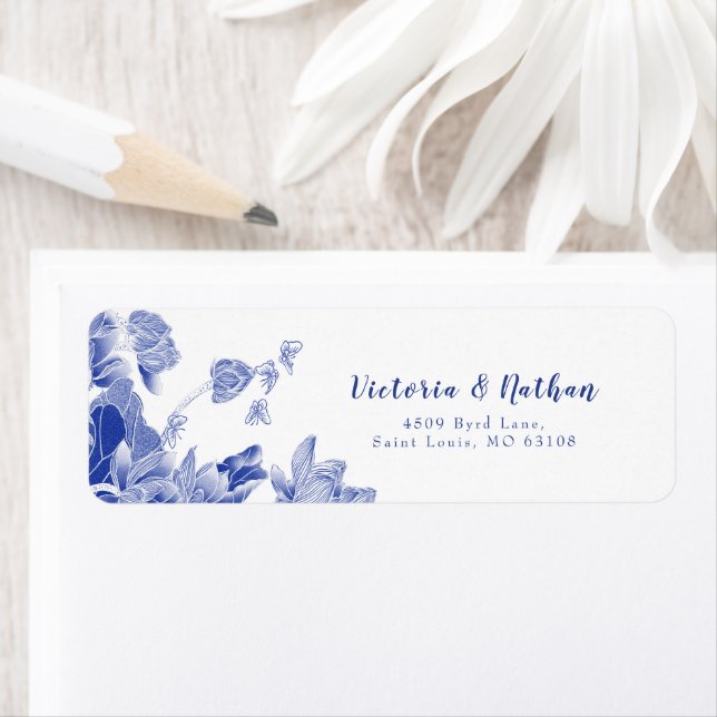 Elegant Blue and White Floral Wedding  Label (Insitu)