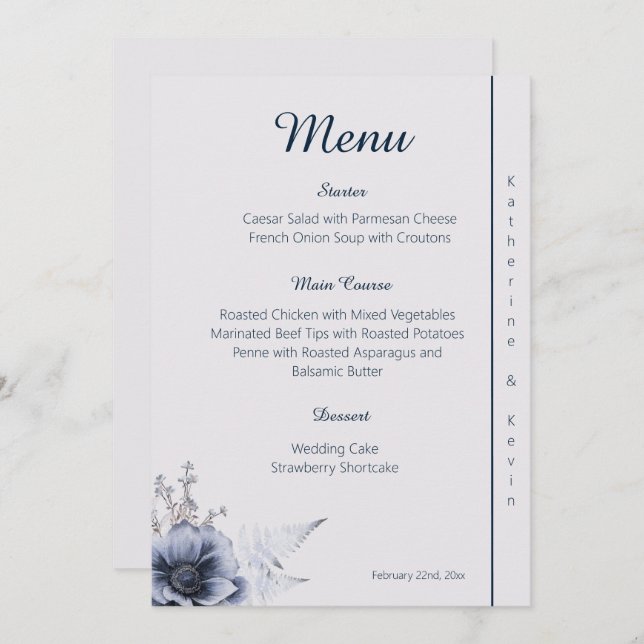 Elegant  Blue and White Floral Wedding  Menu (Front/Back)