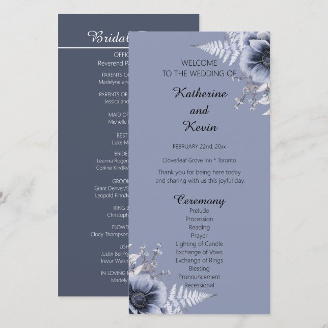 Elegant  Blue and White Floral Wedding Program (Front/Back)