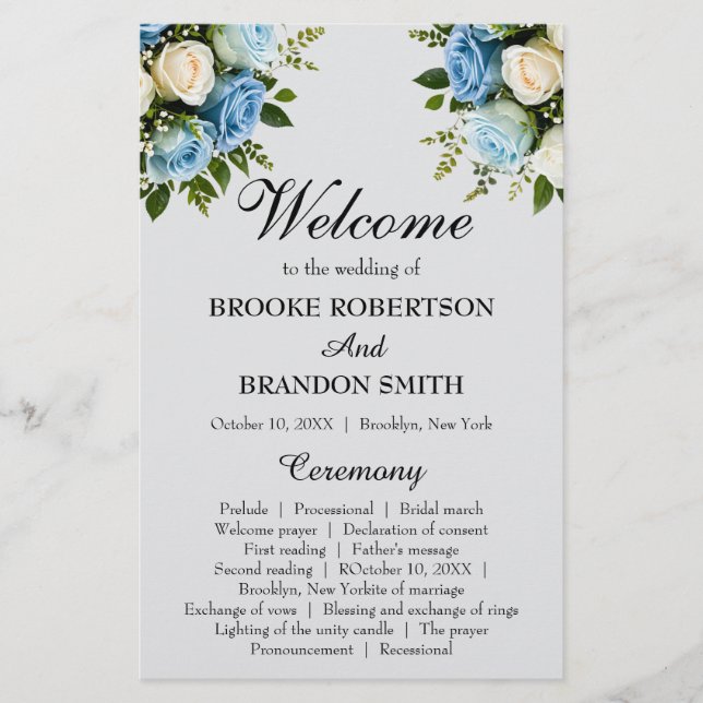 Elegant Blue and White Floral Wedding Program (Front)