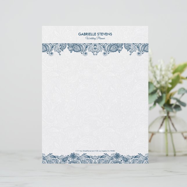 Elegant Blue And White FlorPaisley Lace Custom Letterhead (Standing Front)
