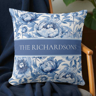 Elegant Blue and White Flowers Floral Pattern Cushion