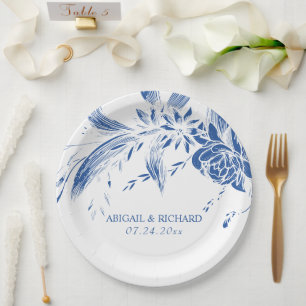 Elegant blue and white flowers wedding paper plate