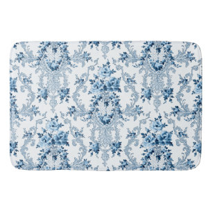 Elegant Blue and White French Rococo Floral Bath Mat