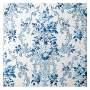 Elegant Blue and White French Rococo Floral Cerami Tile