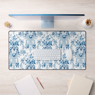 Elegant Blue and White French Rococo Floral Desk Mat