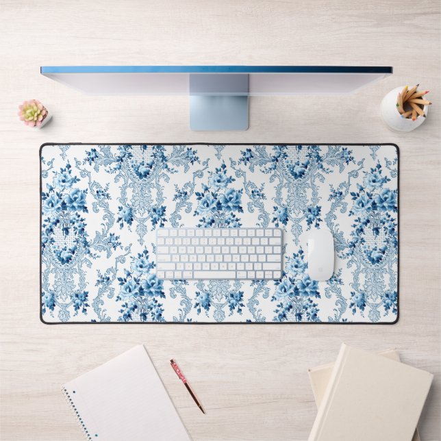 Elegant Blue and White French Rococo Floral  Desk Mat (Office 1)