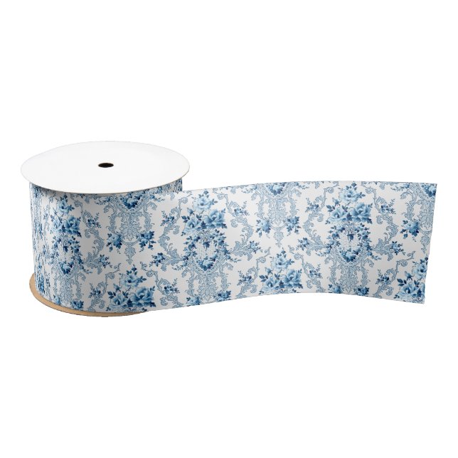 Elegant Blue and White French Rococo Floral  Satin Ribbon (Spool)