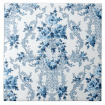 Elegant Blue and White French Rococo Floral Tile<br><div class="desc">Elegant,  romantic and ornate vintage French Rococo style seamless floral featuring blue roses and scrolls on white background.</div>