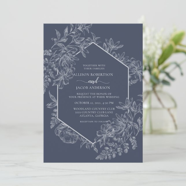 Elegant Blue and White Geometric Floral Wedding Invitation (Standing Front)
