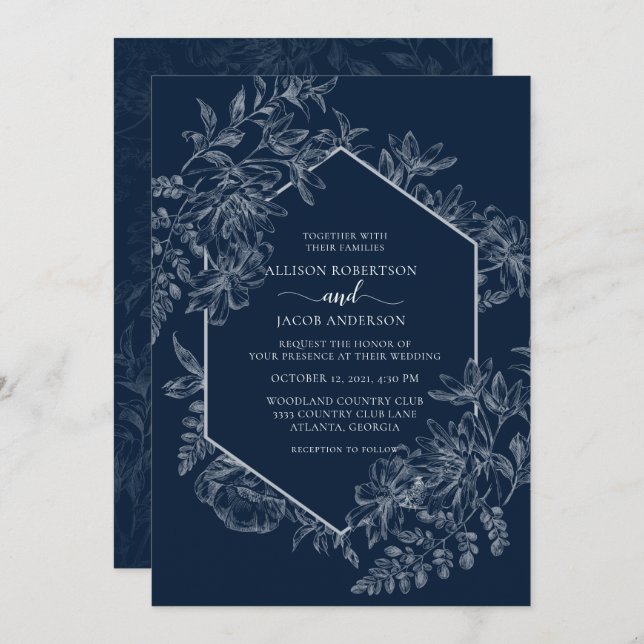 Elegant Blue and White Geometric Floral Wedding Invitation (Front/Back)