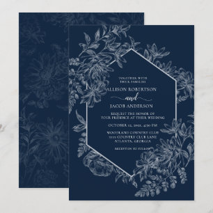 Elegant Blue and White Geometric Floral Wedding Invitation