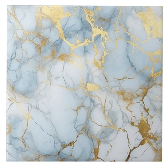 Elegant Blue And White Gold Marble Pattern  Tile (Front)