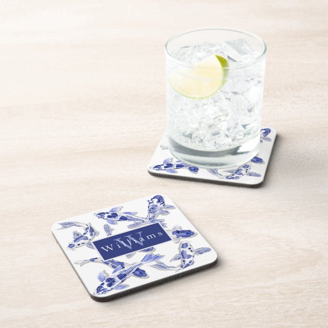 Elegant Blue And White Koi Fish Coaster (Right Side)