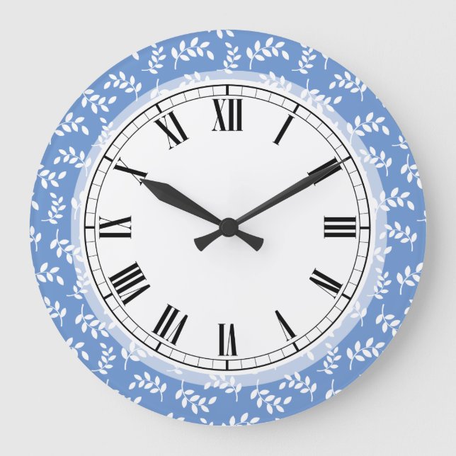 Elegant Blue and White Leaves Spring Nature Lover Large Clock (Front)