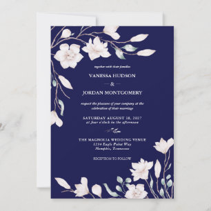 Elegant Blue and White Magnolia Floral Wedding Invitation