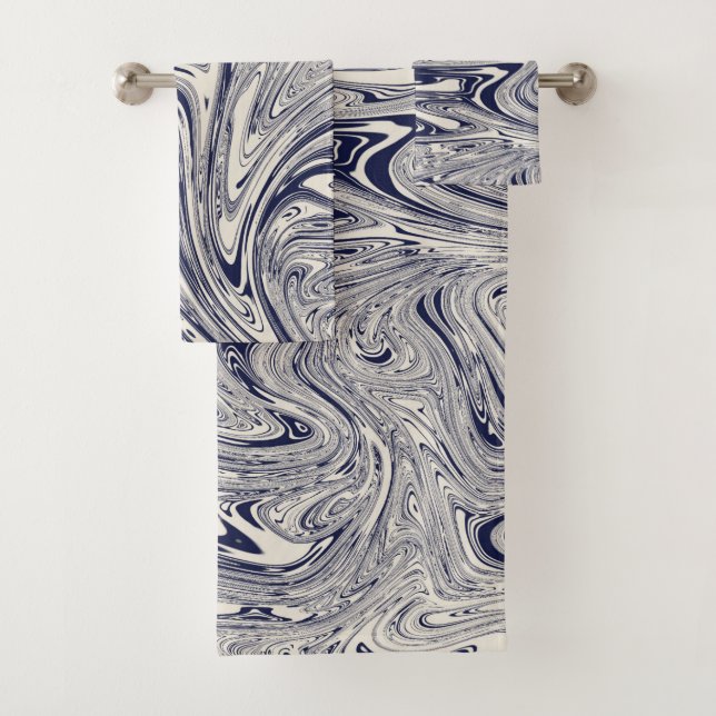 Elegant Blue and White Marble Bath Towel Set (Insitu)