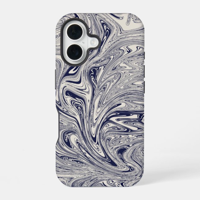 Elegant Blue and White Marble Swirl iPhone 16 Case (Back)