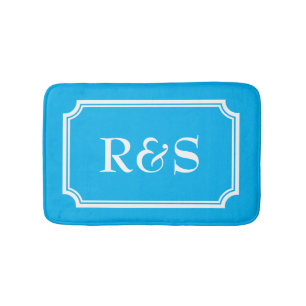 Elegant blue and white monogram bath mat rug