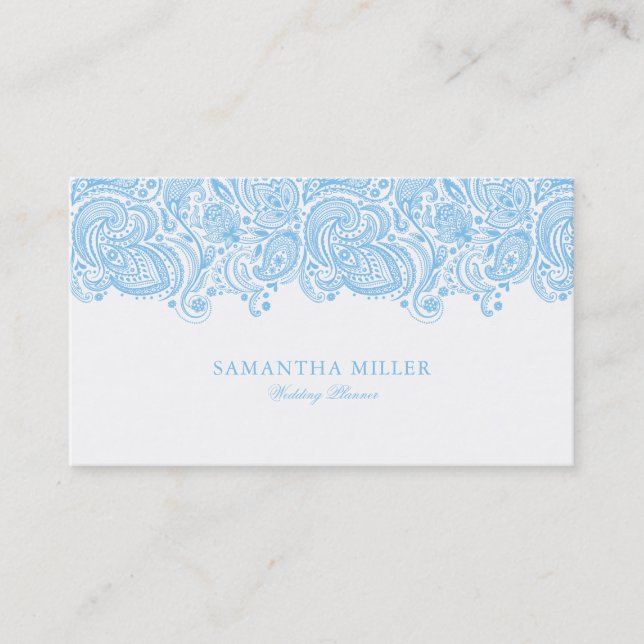 Elegant Blue and White Paisley Wedding Planner Business Card (Front)