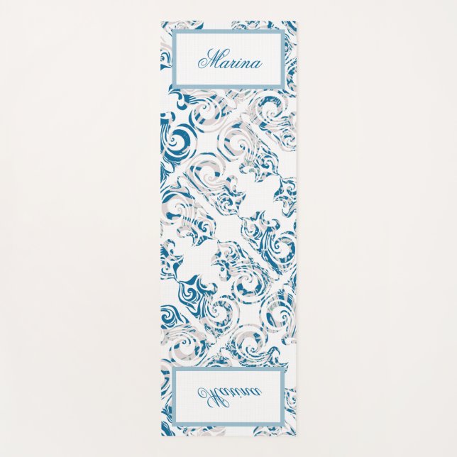 Elegant blue and white pattern and your name yoga mat (Front)