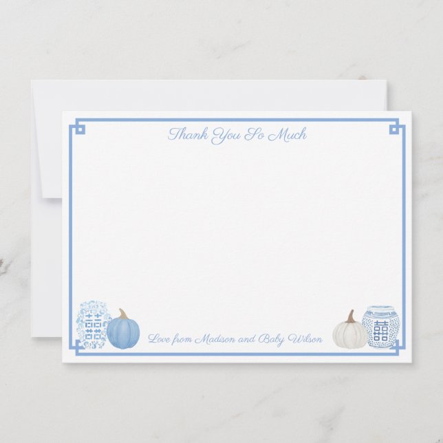 Elegant Blue And White Pumpkins Fall Baby Shower  Thank You Card (Front)