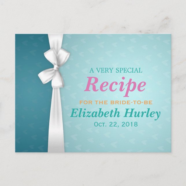 Elegant Blue and White Ribbon Bridal Shower Recipe Invitation Postcard (Front)